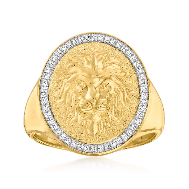 Best engagement rings for brides-Ross-Simons Diamond Lion Head Signet Ring in 18kt Gold Over Sterling