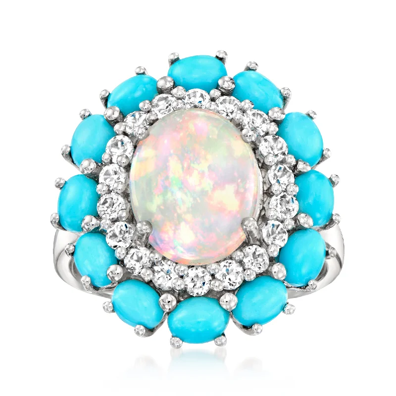 Large gemstone rings for women-Ross-Simons Ethiopian Opal, Turquoise and White Topaz Ring in Sterling Silver