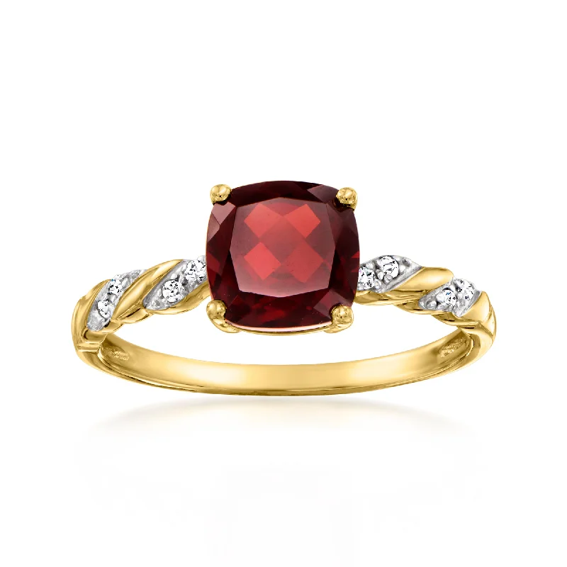 Silver wedding bands for men-Ross-Simons Garnet Ring With Diamond Accents in 14kt Yellow Gold