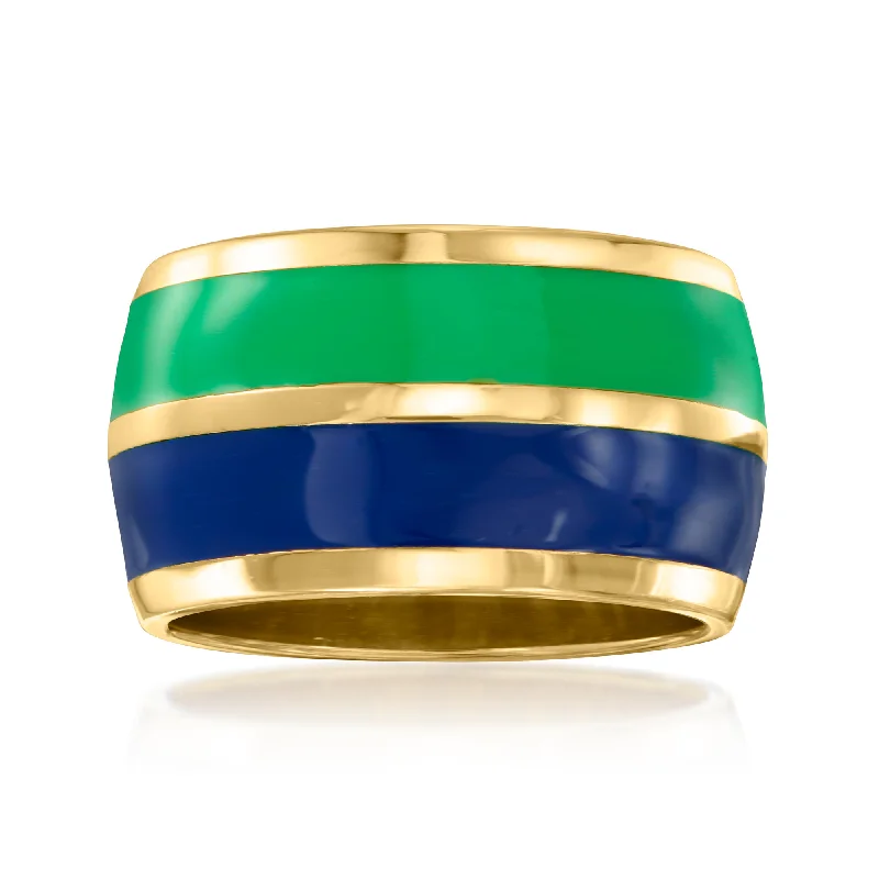 Personalized rings with names-Ross-Simons Italian Blue and Green Enamel Striped Ring in 18kt Gold Over Sterling