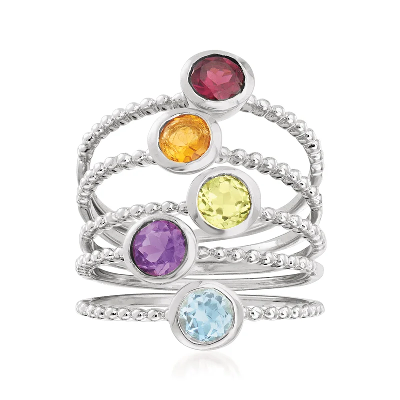 Wedding rings with colored stones-Ross-Simons Multi-Gemstone Jewelry Set: 5 Beaded Rings in Sterling Silver