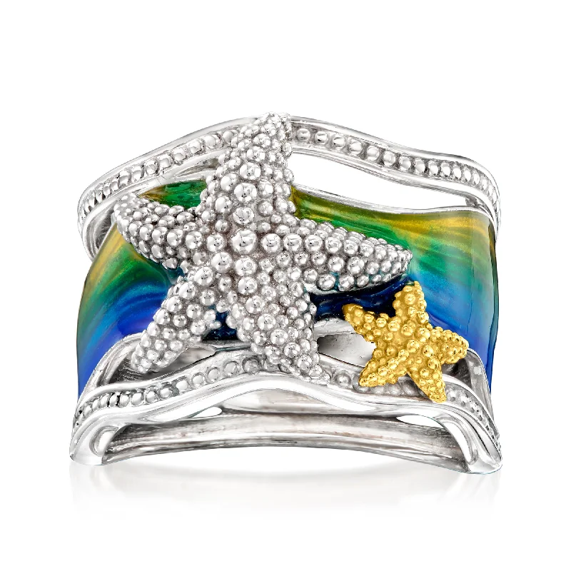 Diamond wedding rings for men-Ross-Simons Multicolored Enamel Starfish Ring in 2-Tone Sterling Silver