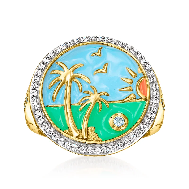 Custom promise rings with engraving-Ross-Simons White Topaz and Multicolored Enamel Beach Ring With . Swiss Blue Topaz in 18kt Gold Over Sterling