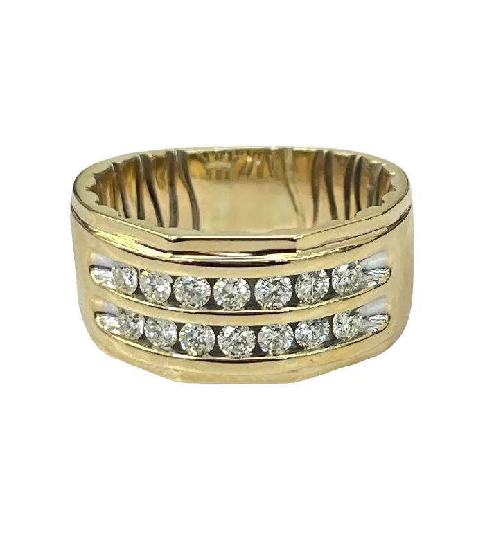 Unique promise rings for men-Round Brilliant Two Rows Diamond Band Yellow Gold 10kt