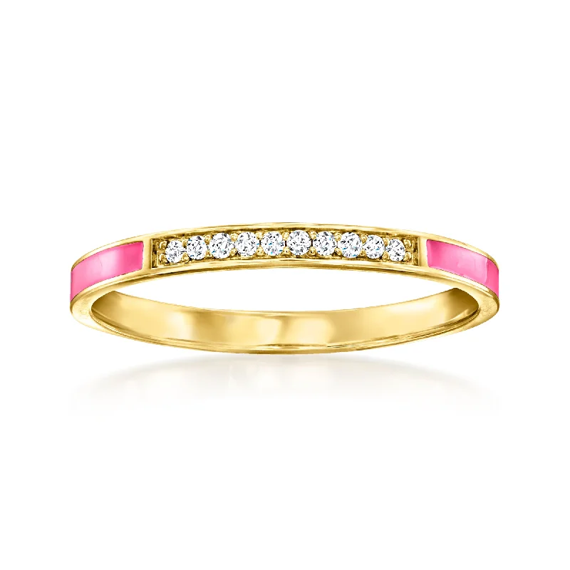 Vintage diamond wedding bands-RS Pure by Ross-Simons Pink Enamel and Diamond-Accented Ring in 14kt Yellow Gold