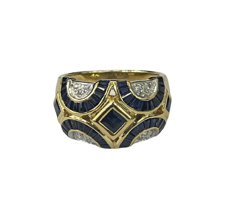 Fashion rings with diamonds for women-Sapphire Gems and Round Brilliants Wide Diamond Ring Yellow Gold 18kt