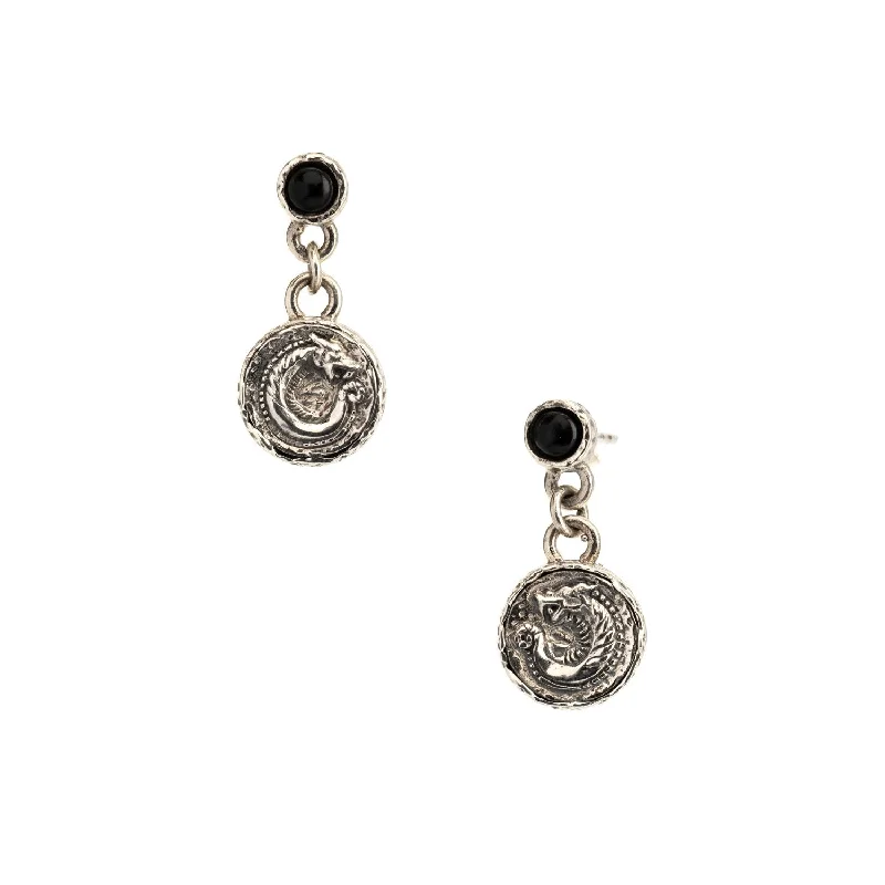 dainty earrings for women -Silver or Silver and Bronze Dragon Coin Earrings