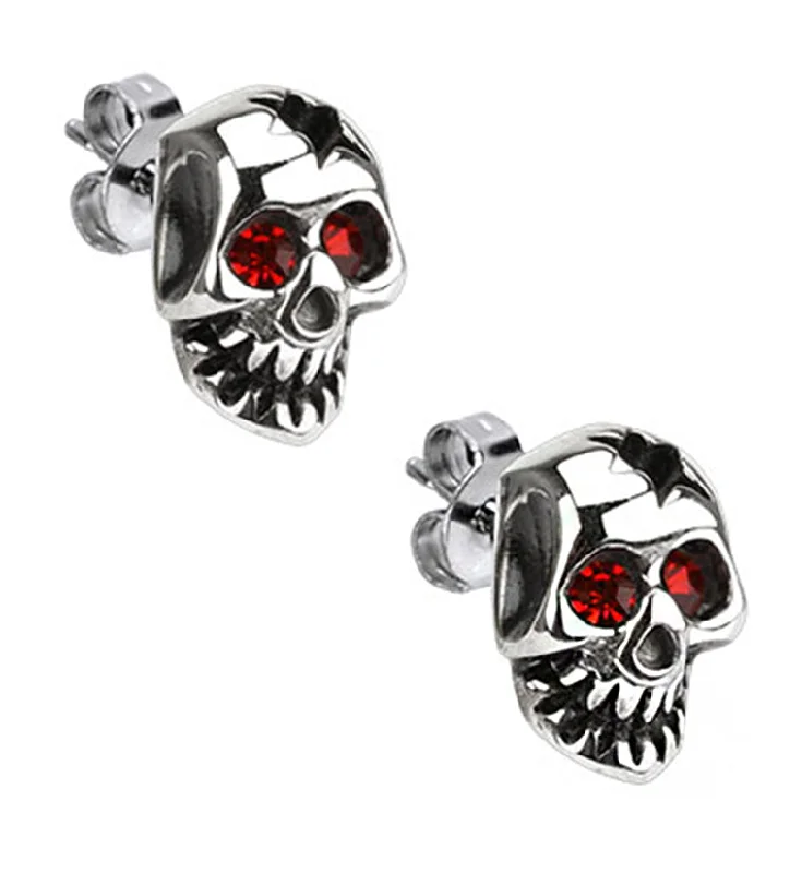 large hoop earrings for women -Busted Skull Red CZ Stainless Steel Stud Earrings