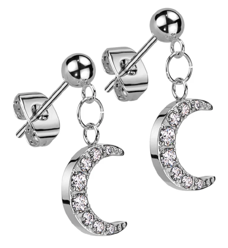 clip-on earrings for sensitive ears -Crescent Moon CZ Dangle Stainless Steel Stud Earrings