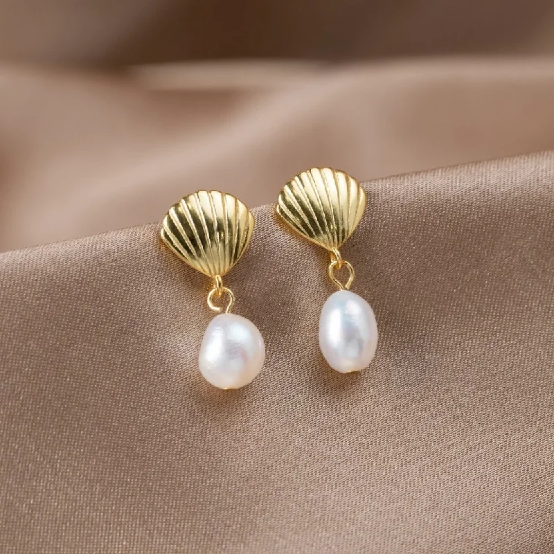 enamel earrings for kids -Freshwater Pearl & Gold Shell Earrings