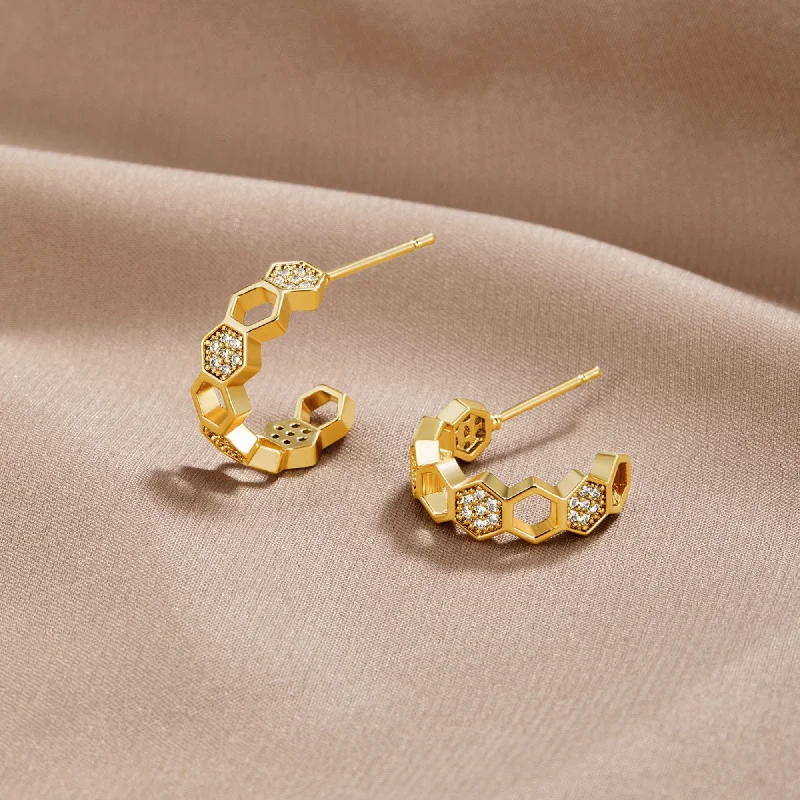 silver chain earrings for women -Gold & Crystal Honeycomb Hoop Earrings