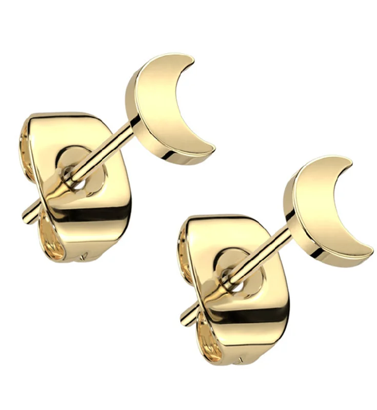 stylish hoop earrings for women -Gold PVD Crescent Moon Titanium Stud Earrings