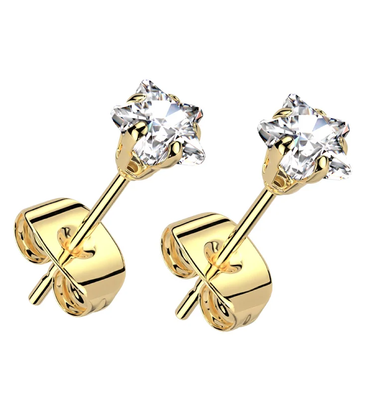 gothic earrings for men -Gold PVD Prong Star Clear CZ Stainless Steel Stud Earrings