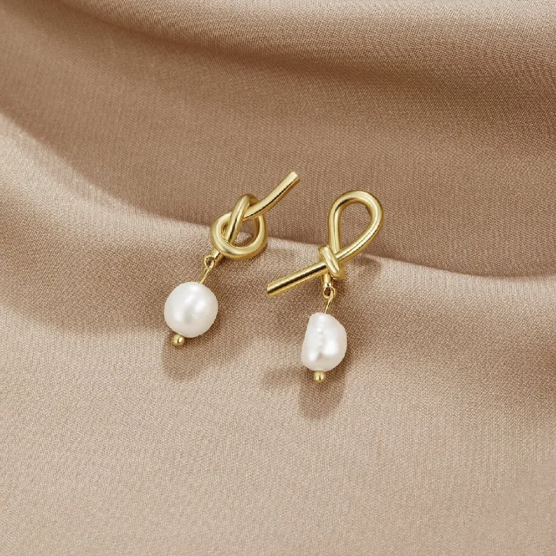 gold teardrop earrings for weddings -Knotted Gold & Freshwater Pearl Earrings