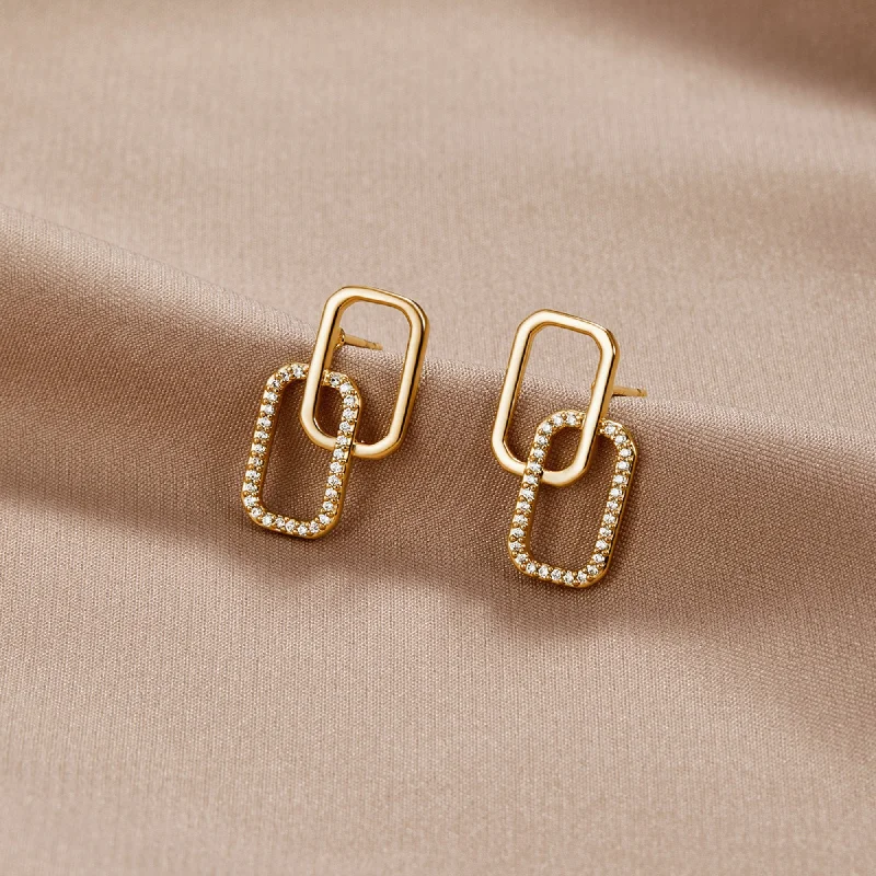 gold stud earrings for women -Lucia Crystal & Gold Link Earrings