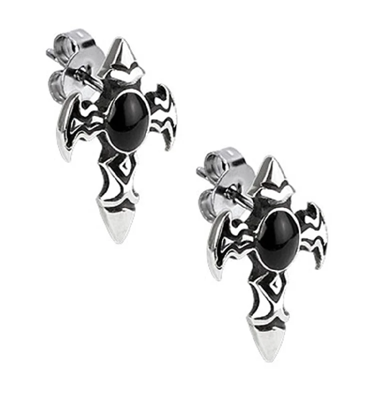 boho style earrings for women -Onyx Stone Cross Stainless Steel Stud Earrings