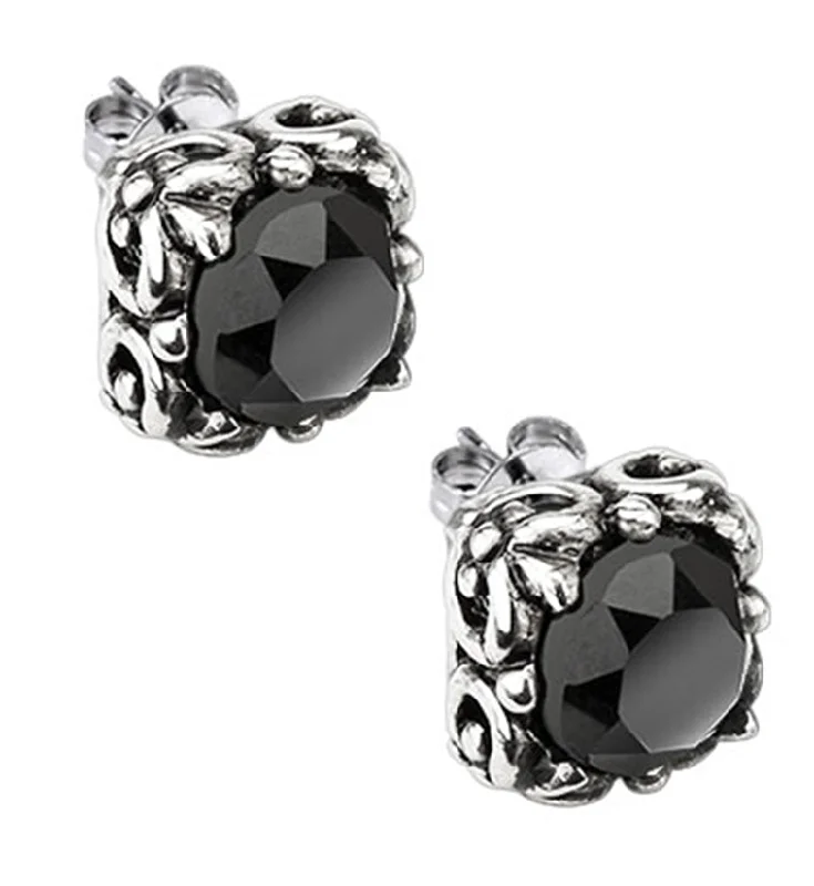 large statement earrings for parties -Ornate Black Square CZ Stainless Steel Stud Earrings