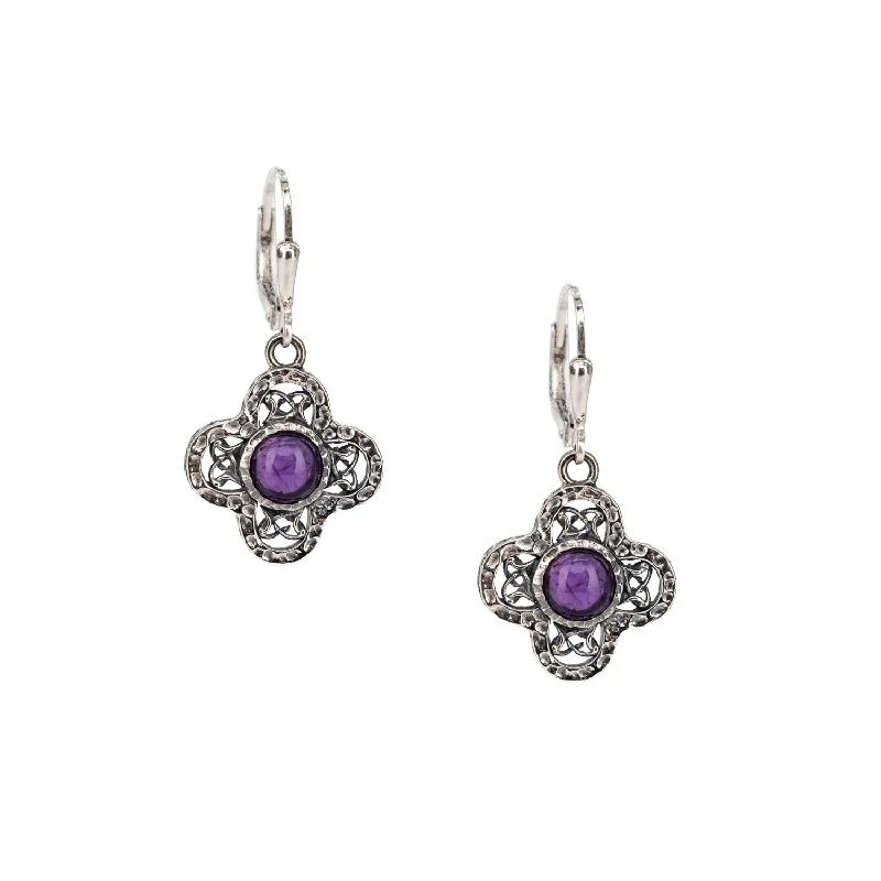 silver hoop earrings for girls -Silver Whirlpool Leverback Earrings - Amethyst