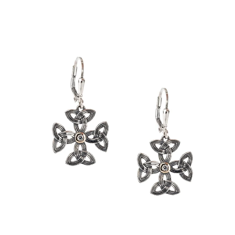 casual earrings for everyday wear -Silver and 10k Gold Cross Leverback Earrings - Cubic Zirconia