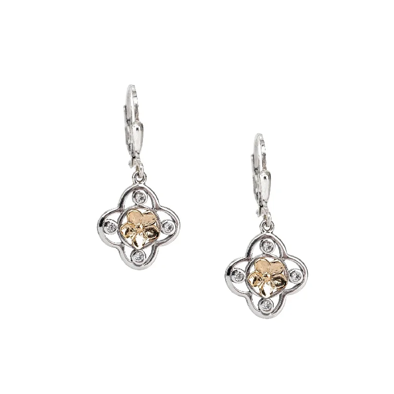 geometric drop earrings for women -Silver And 10k Gold Forget-Me-Not Leverback Drop Earrings - Cubic Zirconia