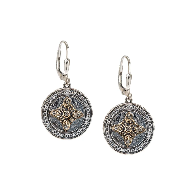 sparkly earrings for evening events -Silver and 10k Gold Celestial Round Leverback Earrings - Cubic Zirconia