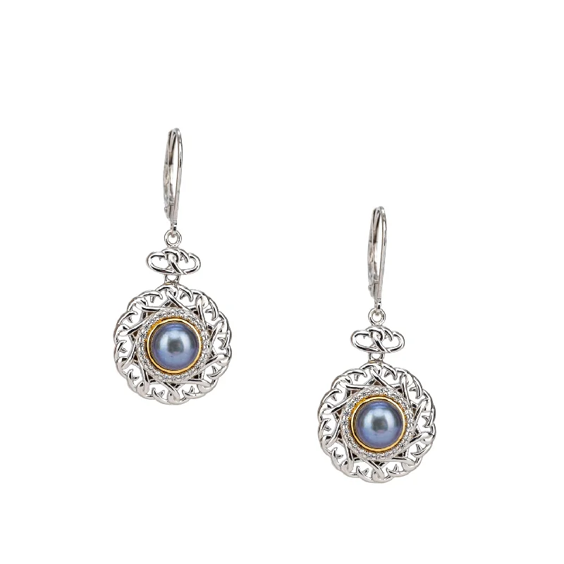 holiday earrings for festive seasons -Silver and 10k Gold Aphrodite Leverback Circular Earrings - Peacock Fresh Water Pearl