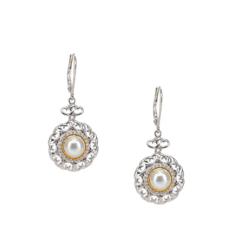 modern earrings for women -Silver and 10k Gold Aphrodite Leverback Earrings - White Fresh Water Pearl and Cubic Zirconia