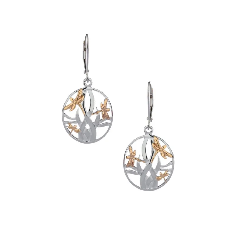 luxury earrings for formal events -Silver and 10k Gold Dragonfly In Reeds Earrings