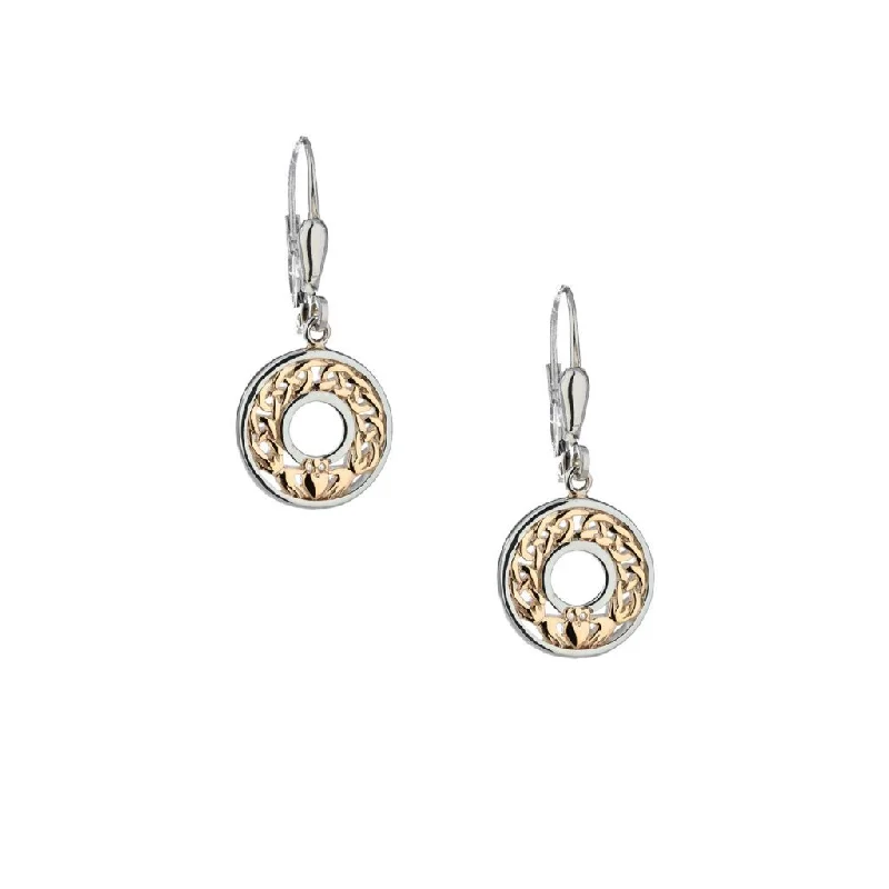 flower-shaped earrings for brides -Silver and 10k Yellow or Rose Gold Claddagh Earrings