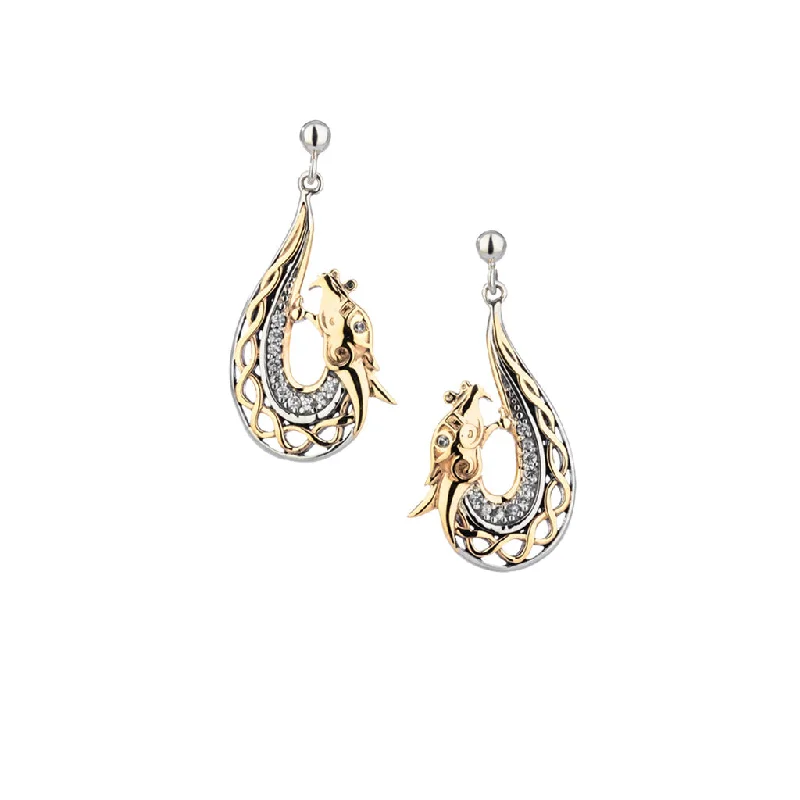 opal earrings for women -Silver and 10k Gold Dragon Post Earrings - White Sapphire