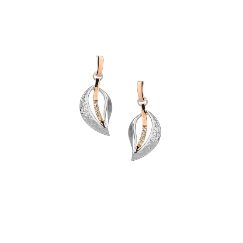 pink gold earrings for bridesmaids -Silver and 10k Rose Gold Trinity Leaf Post Earrings - White Sapphire