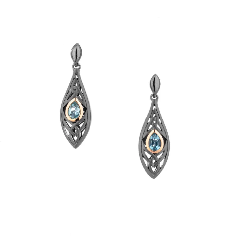 flower earrings for girls -Darkened Silver and 10k Rose Gold Trinity Knot Earrings-Blue Topaz