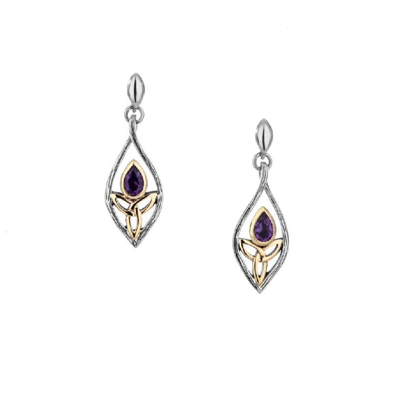 personalized gold earrings for women -Silver and 10k Gold Guardian Angel Post Earrings - Amethyst/Blue Topaz