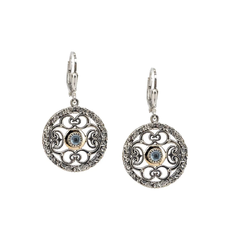 pearl drop earrings for brides -Silver and 10k Gold Whirlpool Leverback Filigree Earrings - Sky Blue Topaz