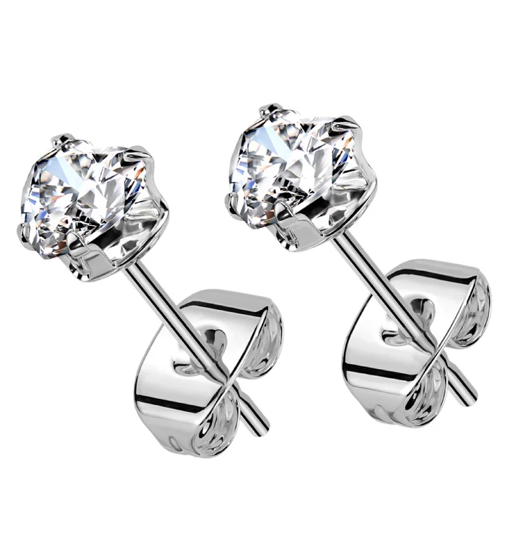 fashion statement earrings for women -Prong Heart Clear CZ Stainless Steel Stud Earrings