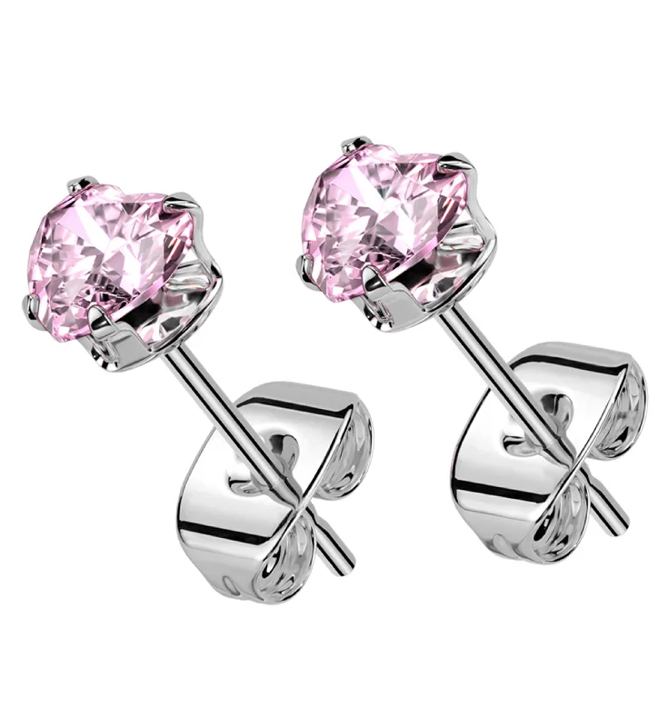 personalized charm earrings for girls -Prong Heart Pink CZ Stainless Steel Stud Earrings