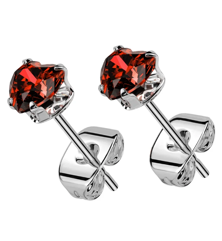 layered earrings for women -Prong Heart Red CZ Stainless Steel Stud Earrings