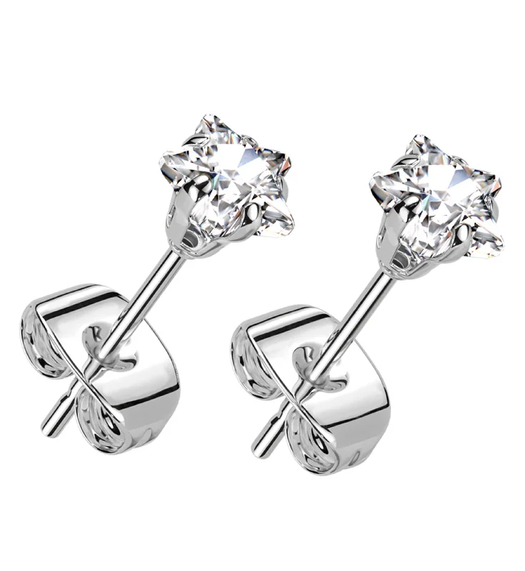 elegant drop earrings for weddings -Prong Star Clear CZ Stainless Steel Stud Earrings