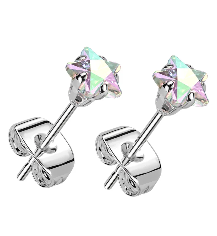 holiday earrings for festive seasons -Prong Star Rainbow Aurora CZ Stainless Steel Stud Earrings