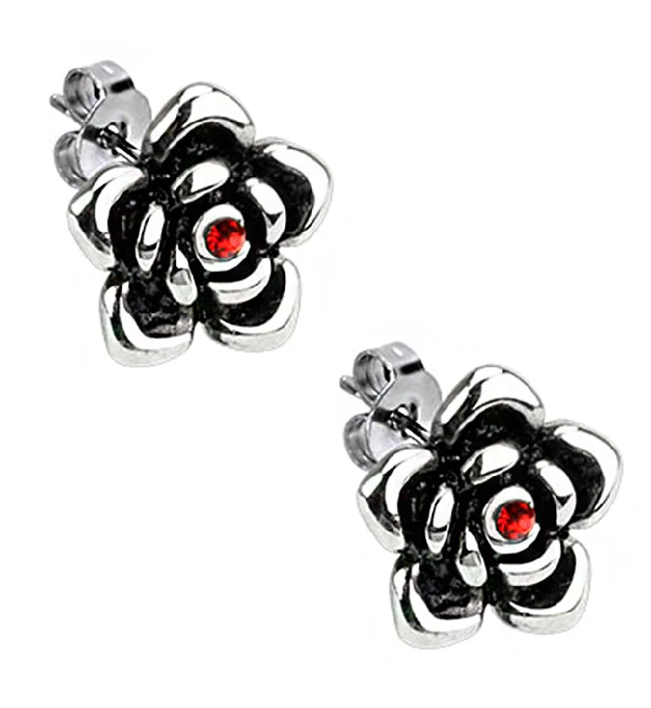 simple stud earrings for girls -Rose Blossom Red CZ Stainless Steel Stud Earrings