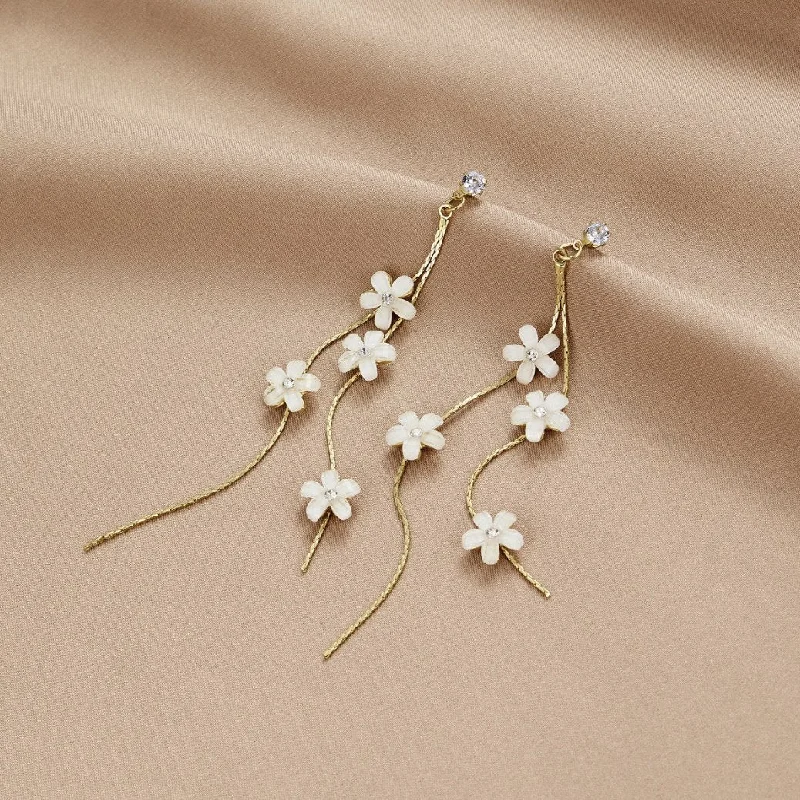 sterling silver drop earrings for women -White Blossom Tassel Earrings