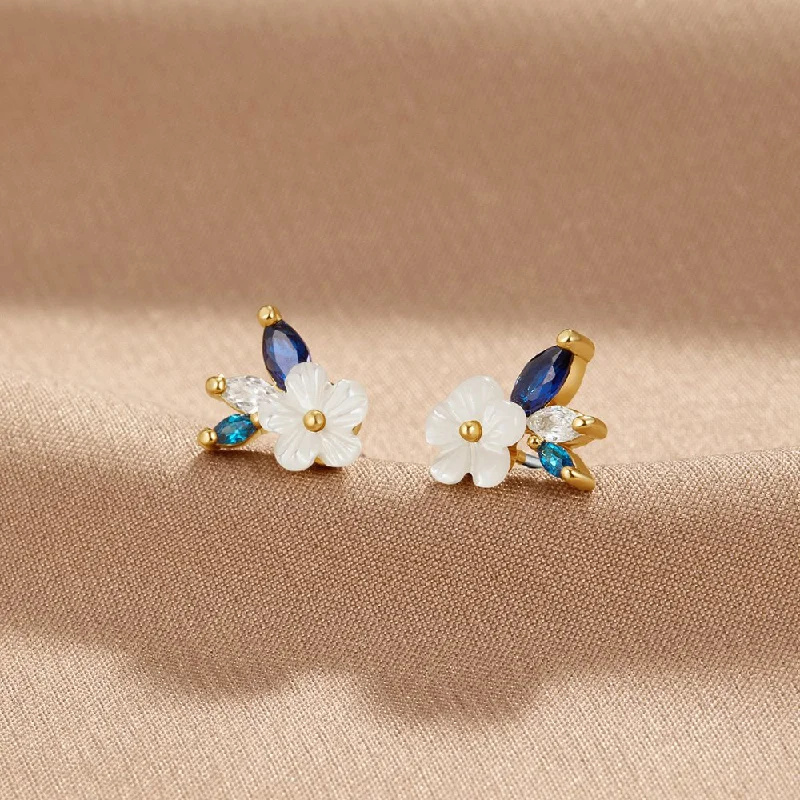 flower earrings for girls -Crystal White Blossom Blue Earrings