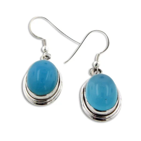 sapphire earrings for formal occasions -Genuine Oval Blue Chalcedony Stone Sterling Silver Hook Earrings 10gr