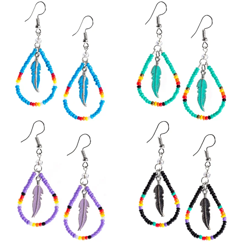 delicate gold earrings for women -Beaded Feather Teardrop Earrings