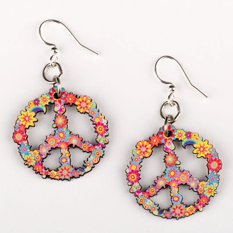 enamel earrings for kids -Blossom Wooden Peace Sign Earrings