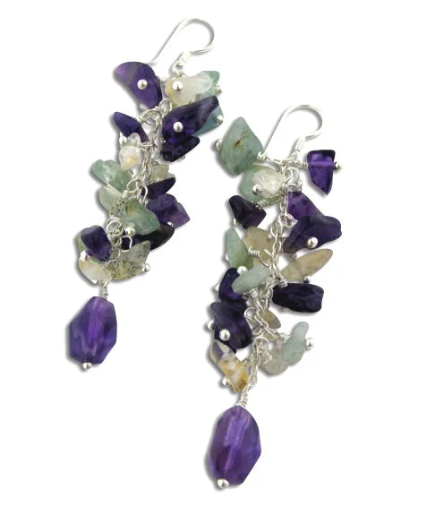 vintage gold earrings for women -Long Genuine Amethyst, Citrine, and Blue Topaz Beaded Sterling Silver Earrings