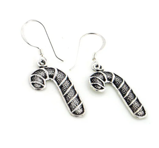 diamond earrings for anniversaries -Antiqued Candy Cane Christmas Sterling Silver Hook Earrings