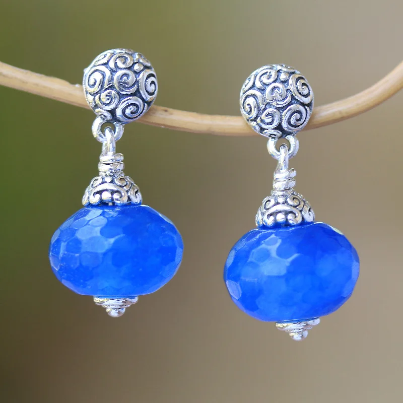 vintage stud earrings for women -Azure Buddha Blue Chalcedony Dangle Earrings from Bali