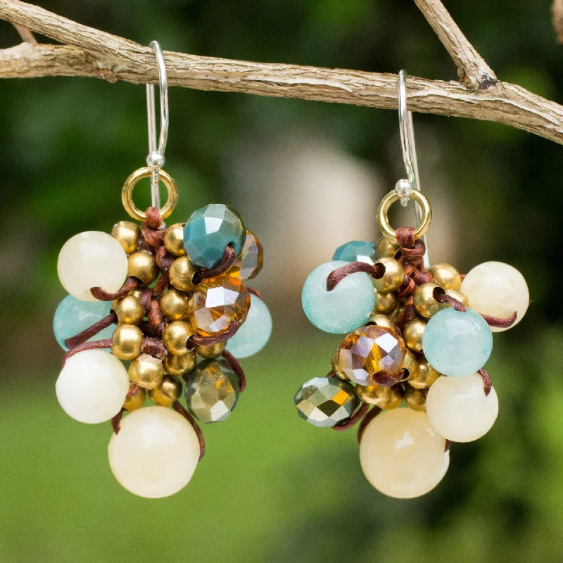 flower-shaped earrings for brides -Azure Cattlelaya Yellow and Blue Quartz Beaded Earrings Knotted by Hand