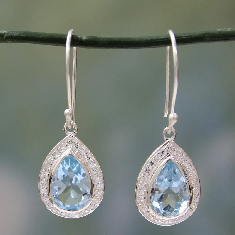 creative earrings for fashion lovers -Azure Dewdrop Sterling Silver and 3 ct Blue Topaz Dangle Earrings